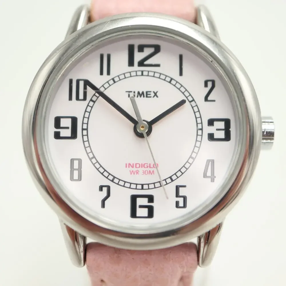 Timex Indiglo Pink Backlight Womens Silver Tone 25mm Watch Leather w New Battery